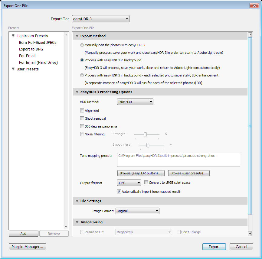 2. EasyHDR 3 Processing Options w tej części znajdują się ustawienia dla easyhdr, jak np.