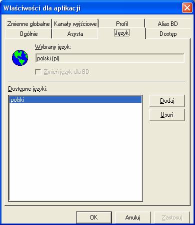 Rys. 4.7 Kategoria Język W polu Wybrany język wyświetlany jest aktualnie używany język. Aby go zmienić należy w polu Dostępne języki wybrać odpowiedni i wybrać polecenie Zastosuj.