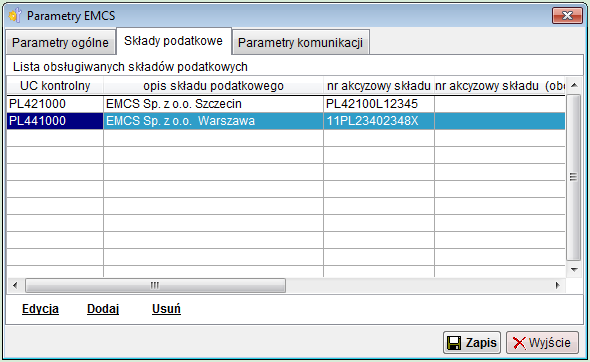 Zakładka Składy podatkowe pozwala na definicję danych składów podatkowych (przypisanie numeru akcyzowego składu do jego pełnych danych).