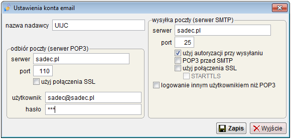 Po naciśnięciu przycisku <Konfiguracja konta> należy podać dane konfiguracyjne konta pocztowego.