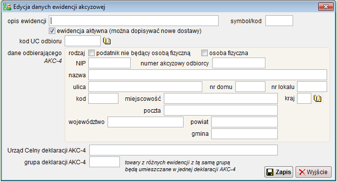 2.2 Definicja ewidencji akcyzowych Program pozwala na równoległe prowadzenie wielu ewidencji akcyzowych dla kilku podmiotów, lub/i dla kilku miejsc odbioru.