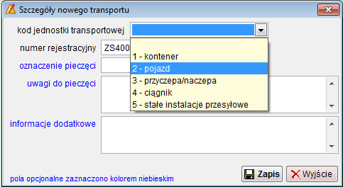 Pola opcjonalne (nie muszą być wypełnione) są oznaczone kolorem niebieskim.