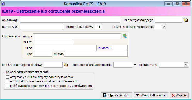 Pole ogólne wyjaśnienia i informacje dodatkowe są oznaczone jako opcjonalne. Wymagane jest wypełnienie co najmniej jednego pola informacje dodatkowe lub ogólne wyjaśnienia dla całego komunikatu IE871.