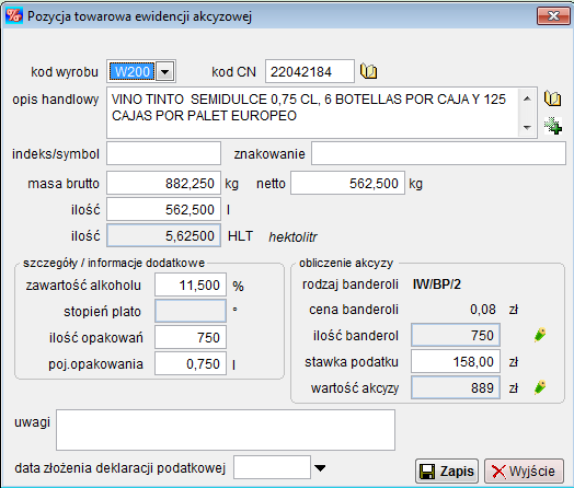 Kolejny rysunek przedstawia okno edycji pozycji wyrobu akcyzowego. Dane są wstępnie wypełnione przy odczycie komunikatu IE801, natomiast na ostateczny kształt wpisu wpływ ma użytkownik programu.