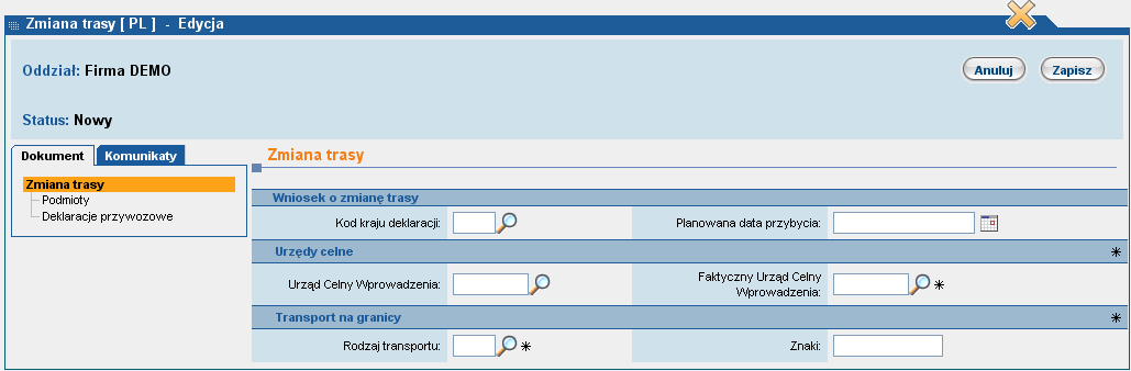 Rysunek 71 Wniosek o zmianę trasy - edycja Po wpisaniu wszystkich koniecznych danych nowo utworzony wniosek zapisuje się używając przycisku, co powoduje dopisanie dokumentu do bazy, nadanie mu