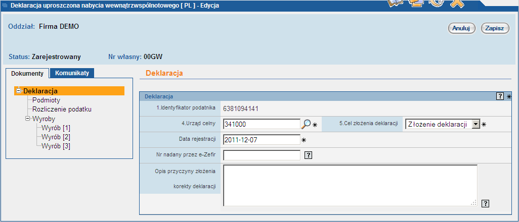 9.7.1. Tworzenie nowej deklaracji uproszczonej AKC-U W celu utworzenia nowej deklaracji uproszczonej nabycia wewnątrzwspólnotowego AKC-U należy w menu głównym wybrać opcję:.