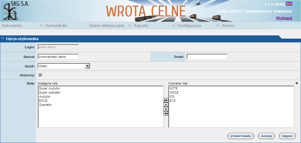 5. Na ekranie Edycja użytkownika (patrz Rysunek 4) uaktualnić wpisy w dostępnych polach, przydzielić lub usunąć wybrane moduły lub role. 6. Kliknąć przycisk, aby zapisać wprowadzone ustawienia.