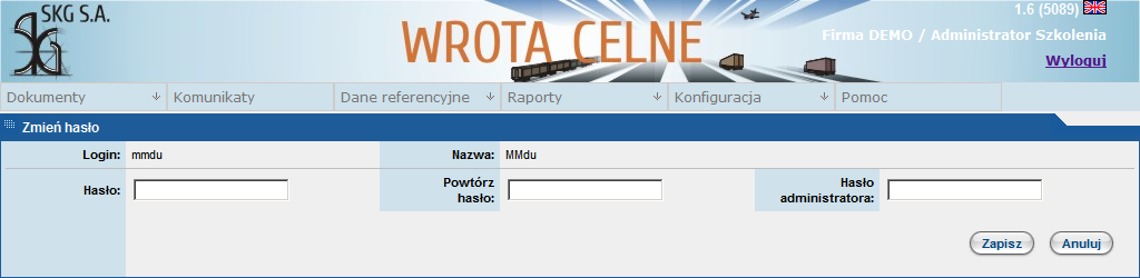 Rysunek 5 - Zmiana hasła przez administratora 3.2.4.2. Zmiana hasła przez użytkownika Każdy zalogowany użytkownik może zmienić swoje hasło dostępu.