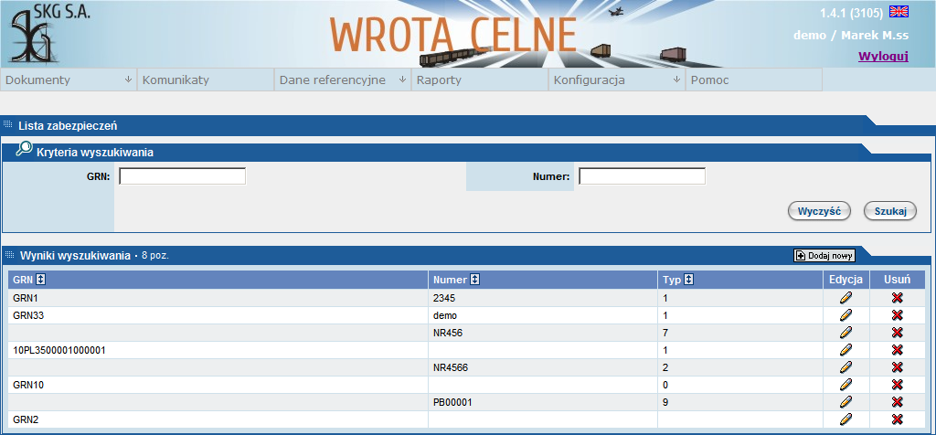 Rysunek 20 - Lista zabezpieczeń W górnej części tego ekranu znajduje się formularz do podawania kryteriów wyszukiwania zabezpieczeń, natomiast poniżej lista wyników wyszukiwania.