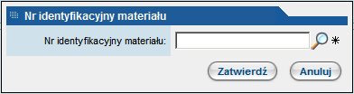 Rysunek 23 - Okno pomocnicze wyboru materiału z bazy Klikając w symbol lupy obok pola Numer identyfikacyjny materiału otwiera się listę zarejestrowanych w bazie materiałów, a następnie wybiera się