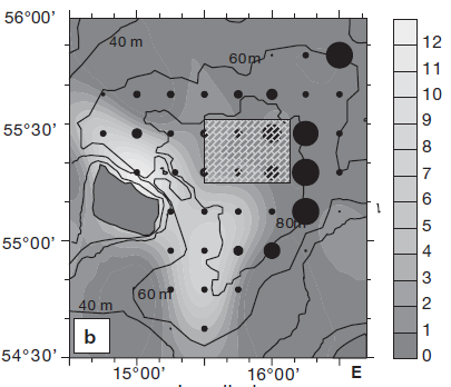 Ograniczenia połowów Miąższość wody dorszowej (m) oraz liczebność ikry dorsza w stadium IA (n m -2 ) w Basenie Bornholmskim: (a) w sierpniu 1991 i (b) w