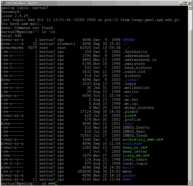 ls /tmp ls -a ls -l ls -al /tmp Prawa dostępu: system UNIX/LINUX jest wieloużytkownikowy, stąd niezbędna kontrola dostępu, każdy plik w systemie jest czyjąś własnością, pliki systemowe są zwykle