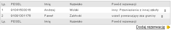 Rezerwacje Istnieje możliwość zarezerwowania miejsca w danym oddziale uczniowi drugorocznemu, powracającemu zza granicy lub uczniowi, któremu z innego powodu przysługuje prawo przyjęcia z pominięciem