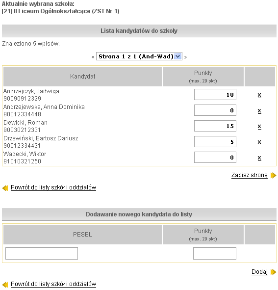 Etapy prac Należy dla każdego kandydata wprowadzić przyznaną mu ilość punktów w kolumnie Punkty. Rysunek 53. Wprowadzanie punktów dodatkowych do szkoły.