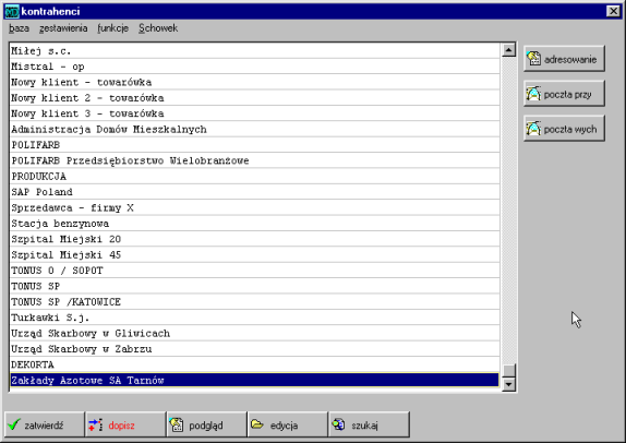 26 Opis programu Po wybraniu ikony na ekranie ukazuje się okienko zawierające listę wszystkich kontrahentów (tylko nazw - jako nazwa w tym przypadku traktowana są dwie pierwsze linie pola nazwa z