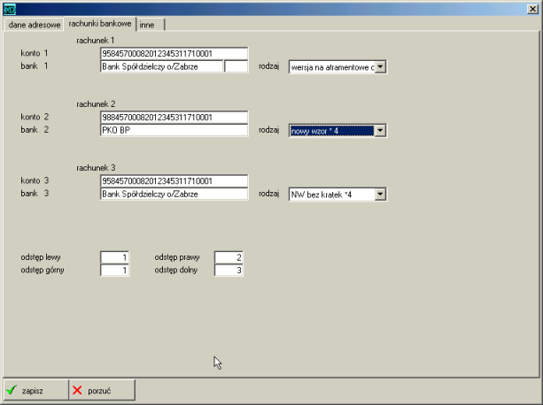 36 Ustawienia programu 4.2.6 Rachunki bankowe W opcji konfiguracja możliwe jest definiowanie numerów rachunków bankowych oraz sposobu wydruku przelewów do banku.