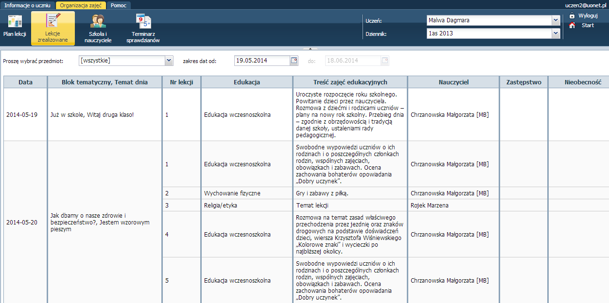 Moduł Uczeń Informacje o uczniu/oceny- przystosowano zakładkę Oceny dla oddziałów I-III szkoły podstawowej oraz dla oddziałów specjalnych- wyszczególniono dla danego okresu klasyfikacyjnego Oceny