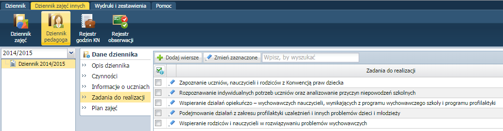 Prowadzenie Dziennika zajęć innych Wprowadzanie informacji o uczniach Aby dodać informację o uczniu należy: Przejść na zakładkę Informacje o uczniach i kliknąć przycisk Dodaj.