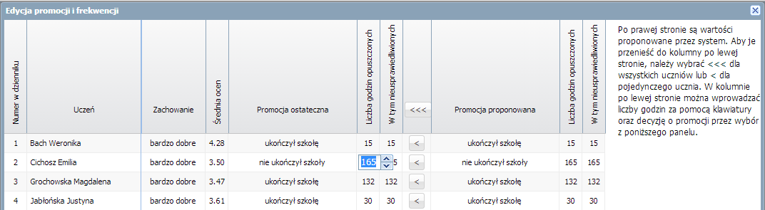 Korzystanie z dziennika oddziału Wychowawca może także ręcznie uzupełnić pola Liczba godzin opuszczonych i W tym nieusprawiedliwionych, klikając w dane pole.