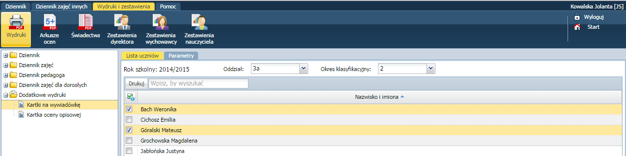 Korzystanie z dziennika oddziału Na drzewie danych wybrać Dodatkowe wydruki i kliknąć Kartki na wywiadówkę. Na zakładce Parametry określić parametry wydruku.