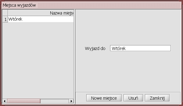 2.3 Miejsca wyjazdów To okno umożliwia definiowanie nowych miejsc wyjazdów do których udają się pracownicy wyjeżdżając w delegacje służbowe, a także przeglądanie i edycję tych miejsc. 2.