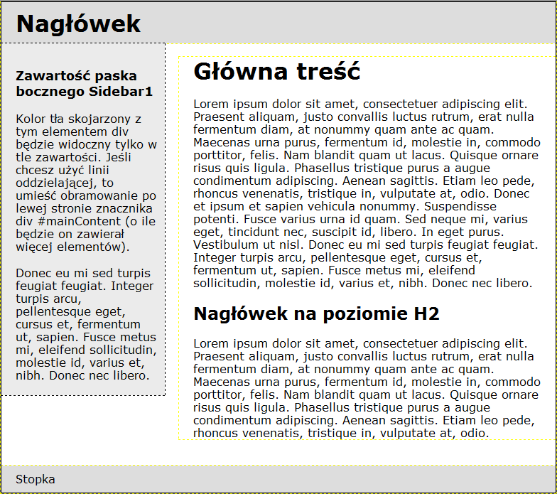 !!!!! Wynikiem tego działania powinien być szablon strony WWW, wypełniony fikcyjną zawartością: 5. Zapiszmy stronę jako plik o nazwie index.