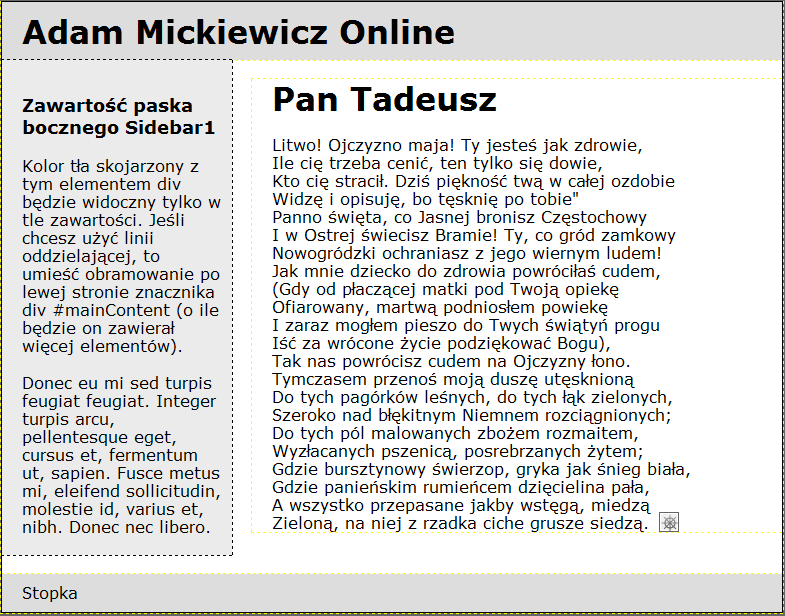 Widok kod Widok Projekt Widok Podziel (Kod i Projekt) 7. Zmień tytuł strony na: Portal o Adamie Mickiewiczu; 8. Zmodyfikuj nagłówki dokumentu korzystając z poniższej ilustracji.