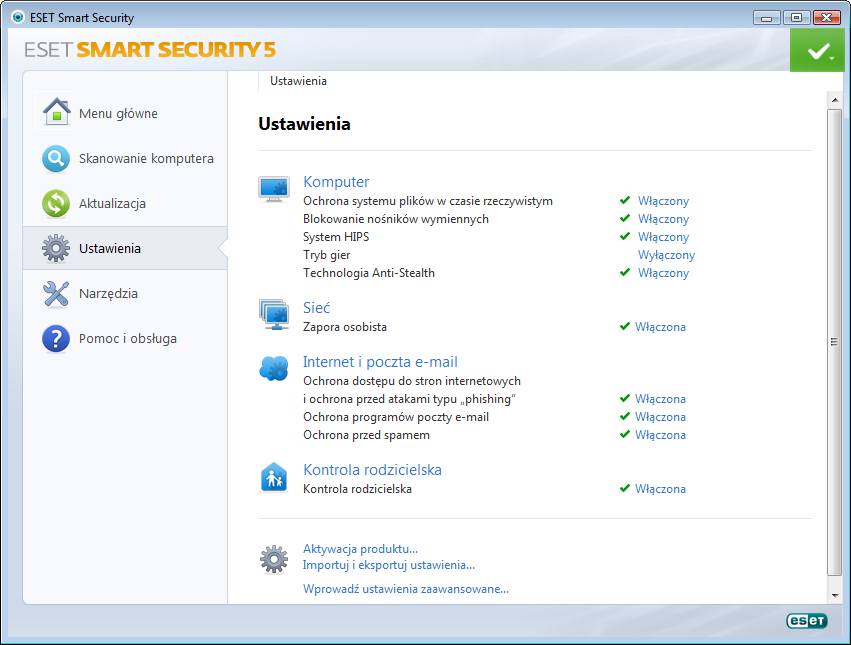 4. Praca z programem ESET Smart Security Korzystając z ustawień programu ESET Smart Security, można skonfigurować odpowiedni poziom ochrony komputera i sieci.