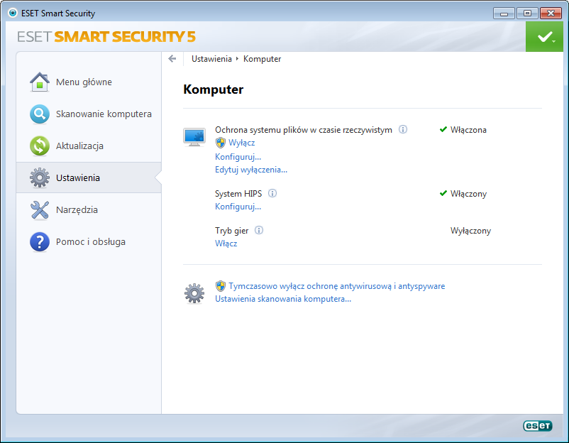 4.1 Komputer Moduł Komputer można otworzyć, klikając tytuł Komputer w okienku Ustawienia. Zostanie wyświetlone zestawienie informacji o wszystkich modułach ochrony.