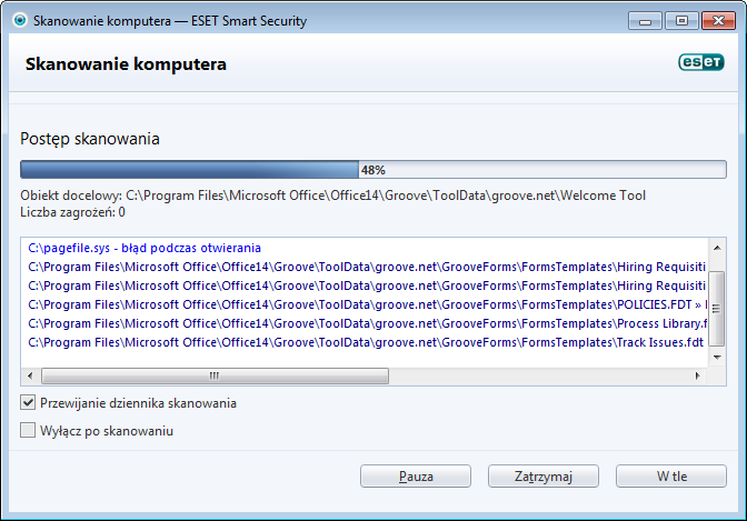 4.1.1.3.4 Postęp skanowania W oknie postępu skanowania wyświetlany jest bieżący stan skanowania oraz informacje dotyczące liczby znalezionych plików zawierających złośliwy kod.