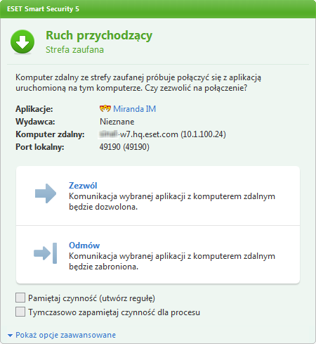 4.2.5 Ustanawianie połączenia wykrywanie Zapora osobista wykrywa każde nowo utworzone połączenie sieciowe. Aktywny tryb zapory określa, jakie działania są realizowane dla nowej reguły.