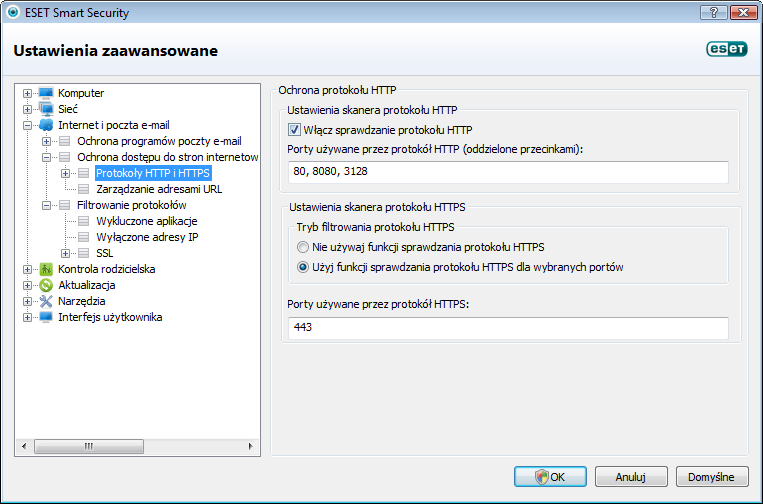 4.3.1.1 Protokoły HTTP i HTTPS Domyślnie program ESET Smart Security jest skonfigurowany pod kątem używania standardów obsługiwanych przez większość przeglądarek internetowych.