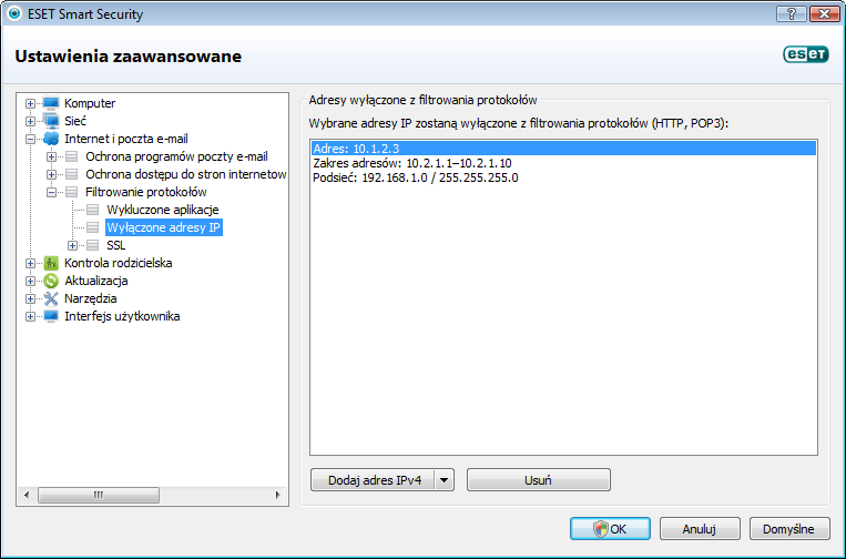 4.3.4.3 Wyłączone adresy IP Pozycje na liście adresów zostaną wyłączone z ochrony zawartości protokołów.