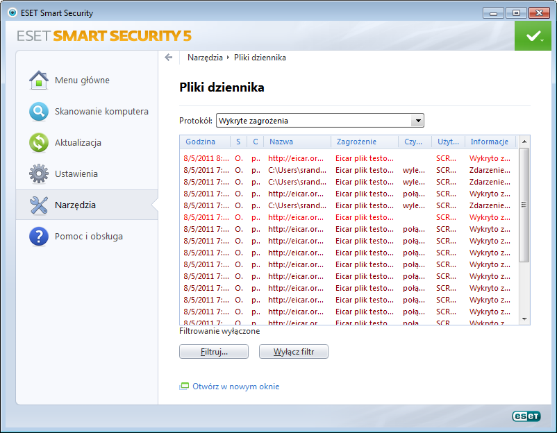 To menu zawiera następujące narzędzia: Pliki dziennika Statystyki ochrony Monitor aktywności Działające procesy Harmonogram Kwarantanna Połączenia sieciowe ESET SysInspector Prześlij plik do analizy