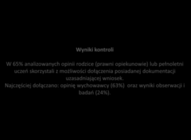 Wyniki kontroli W 65% analizowanych opinii rodzice (prawni opiekunowie) lub pełnoletni uczeń skorzystali z możliwości dołączenia