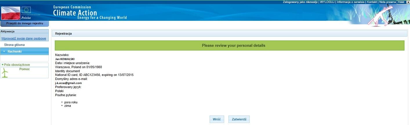 6. Zatwierdzenie wprowadzonych przez Państwa danych, spowoduje utworzenie profilu użytkownika w Rejestrze.