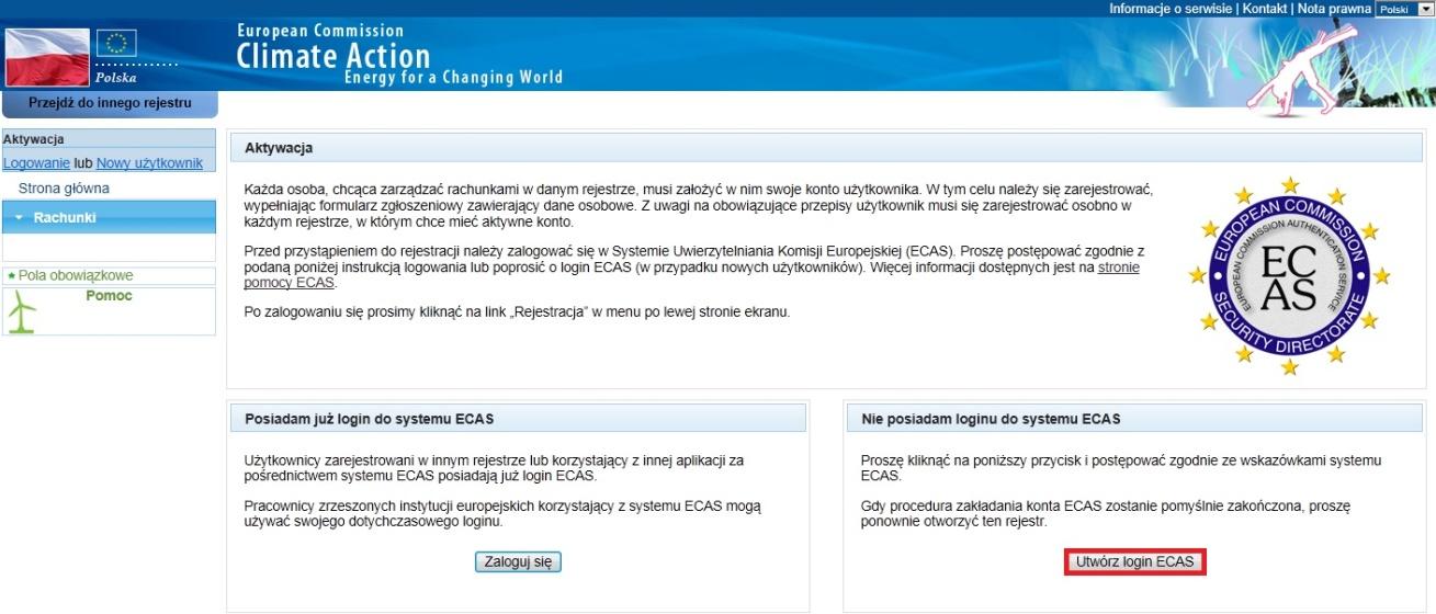 4. Następnie należy wybrać opcję Utwórz login ECAS.