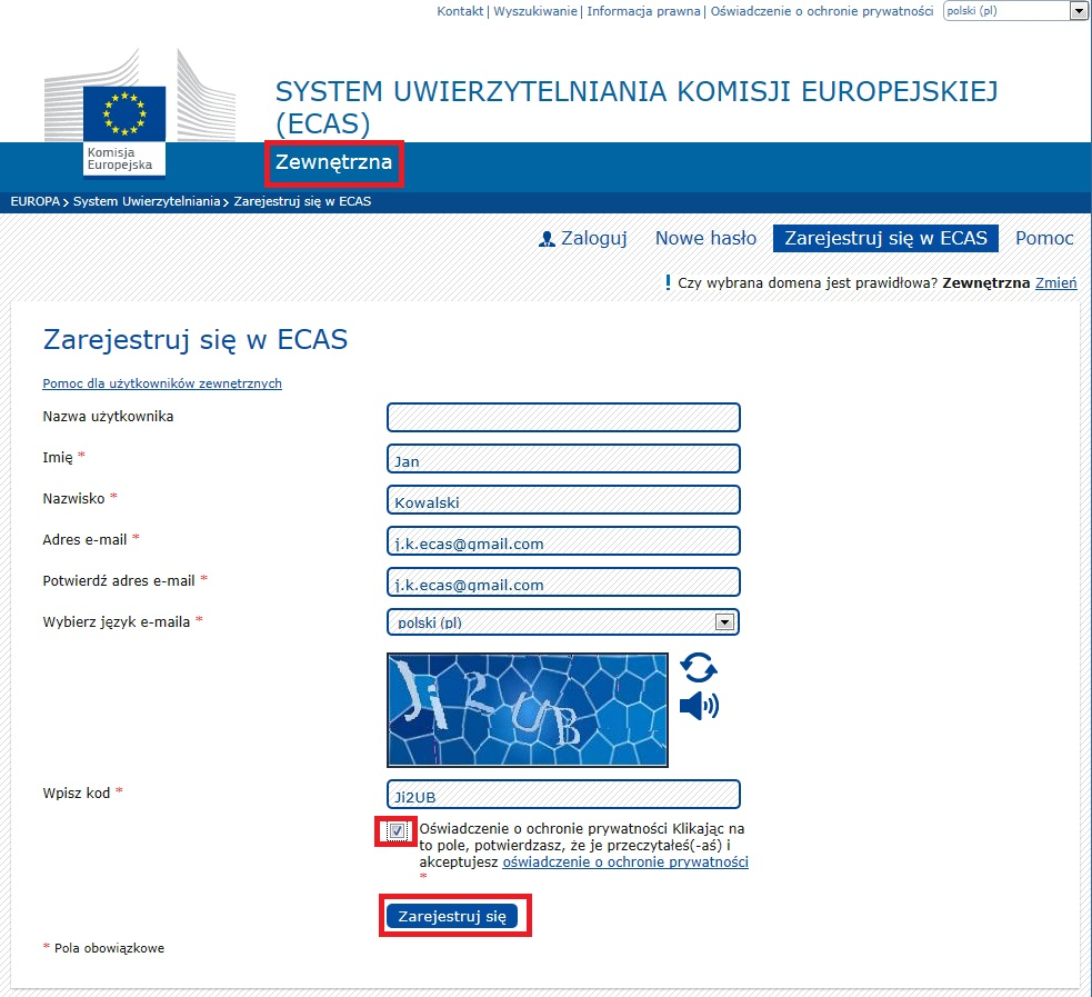 Każdy adres e-mail może zostać zarejestrowany w ECAS tylko raz.