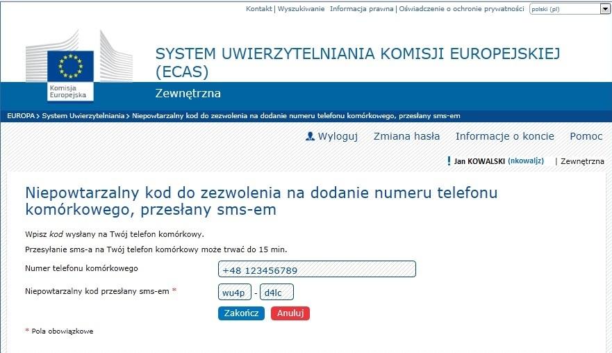 15. Należy wprowadzić indywidualny numer telefonu komórkowego użytkownika, na który będzie on otrzymywał wiadomości SMS z kodami jednorazowymi i wybrać Dodaj. 16.