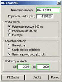 Rys. 91. Okno Pojazdy wprowadzanie informacji o wykorzystaniu pojazdów prywatnych w celach słuŝbowych (kilometrówka).