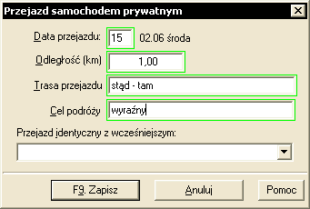 Przyciski [Dopisz], [Popraw] i [Usuń] słuŝą do wprowadzania i usuwania informacji na temat kolejnych przejazdów słuŝbowych wybranego pojazdu.