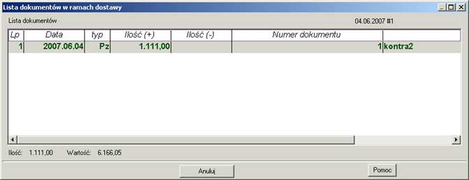 Rys. 127. Okno Lista dokumentów w ramach dostawy. JeŜeli program nie obsługuje wielu magazynów w metodzie FIFO, to pole Dokumenty z magazynu: nie jest dostępne w oknie Lista dostaw <nazwa towaru>.