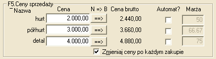 Nazwy cenników oraz dokładność zaokrąglania ceny są ustalane w menu Opcje Opcje towarów w sekcji F5.Trzy ceny sprzedaŝy. Cenniki towaru określa się w kartotece 7.