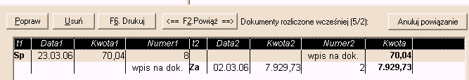 Rys. 153 Fragment okna Historia rozliczeń dla kontrahenta..., jego dolna część ukazująca dokumenty powiązane, za które nastąpiła płatność uproszczona gotówką.