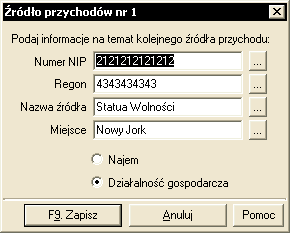 UŜycie przycisków w tej sekcji powoduje otwarcie okien słuŝących wprowadzeniu danych dotyczących innych źródeł przychodu (okno Źródło przychodów nr...,rys. 178)