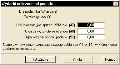 2. Odliczenia od dochodu i podatku Odliczenia od dochodu (kwoty pomniejszające podstawę opodatkowania) Dane dotyczące odliczeń od dochodu wprowadzane są w oknie Wydatki odliczone od dochodu