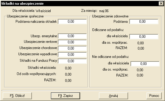 3. Składki ZUS i zasiłki Naliczanie składek ZUS Aby obliczyć składki ZUS naleŝy przejść do okna edycyjnego Składki na ubezpieczenie (dostęp przez Informacje o właścicielu [Składki ZUS], Rys. 182).