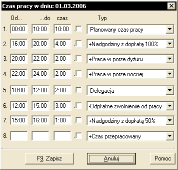 Rys. 205. Okno Czas pracy w dniu.... W oknie Informacje o pracowniku (Rys. 189) znajdują się dodatkowo przyciski [Kwoty pomocnicze] 