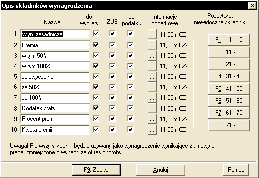 Rys. 206. Okno Opis składników wynagrodzenia (Opcje Opcje płac [F3. Opis składników]).