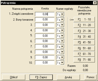 189) i w otwartym oknie Potrącenia (Rys. 224) wprowadzić kwoty potrąceń, a następnie zatwierdzić je przyciskiem F9.Zapisz. Rys. 223. Fragment okna Informacje o pracowniku 7. Potrącenia po opod.